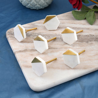 Set Of Six White Hexagon Marble Knobs