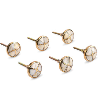 Set Of Six Marble Brass Mother Of Pearl Knobs