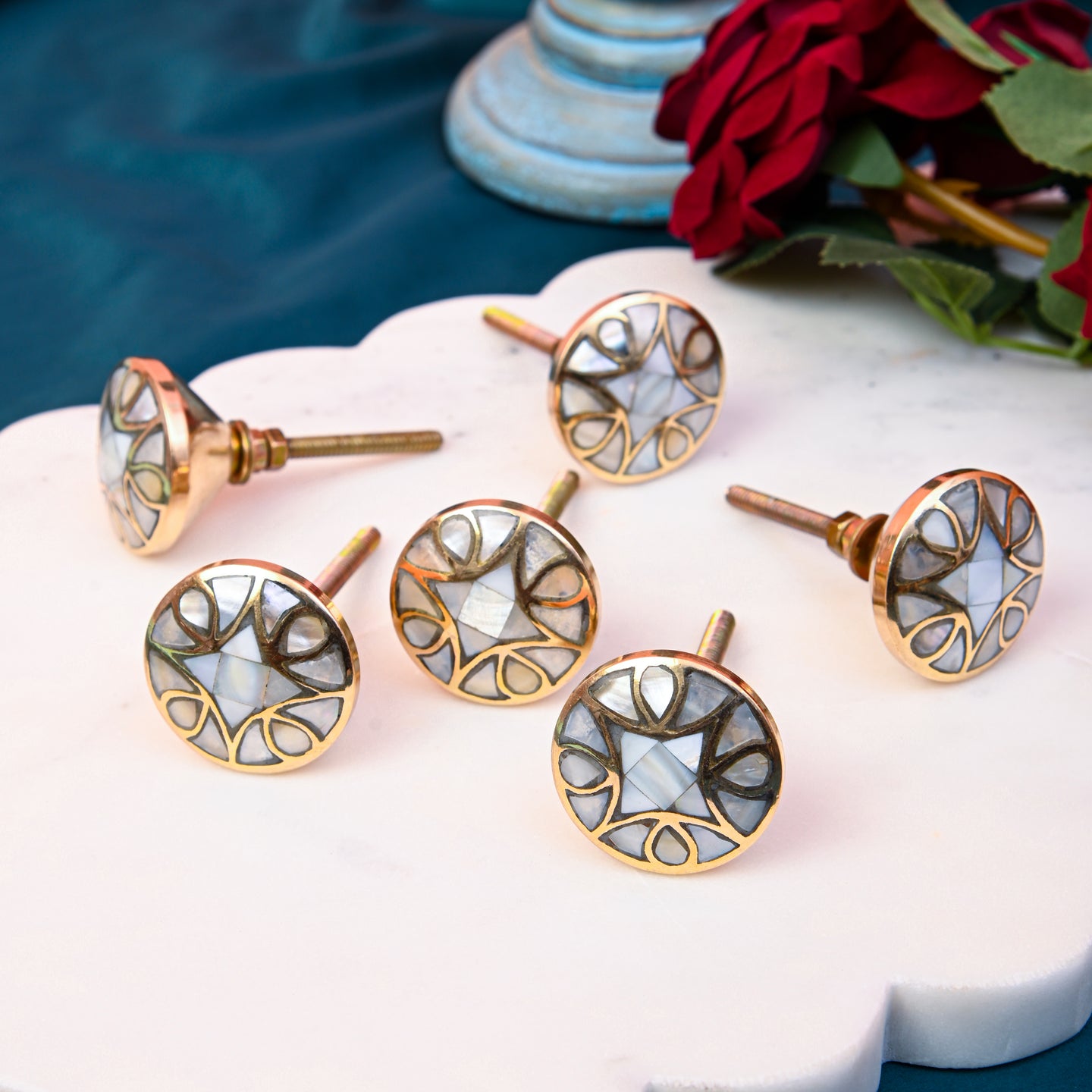 Set Of Six Brass Mother Of Pearl Knobs