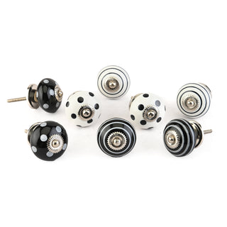 Set of 8 Sihi Black and White Spot Stripe Ceramic knobs