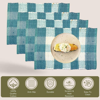 Perilla home Handmade Checked Teal chindi Placemat (Set of 4)
