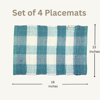 Perilla home Handmade Checked Teal chindi Placemat (Set of 4)