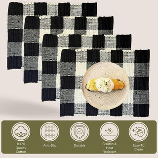 Perilla home Handmade Checked Black & White chindi Placemat (Set of 4)