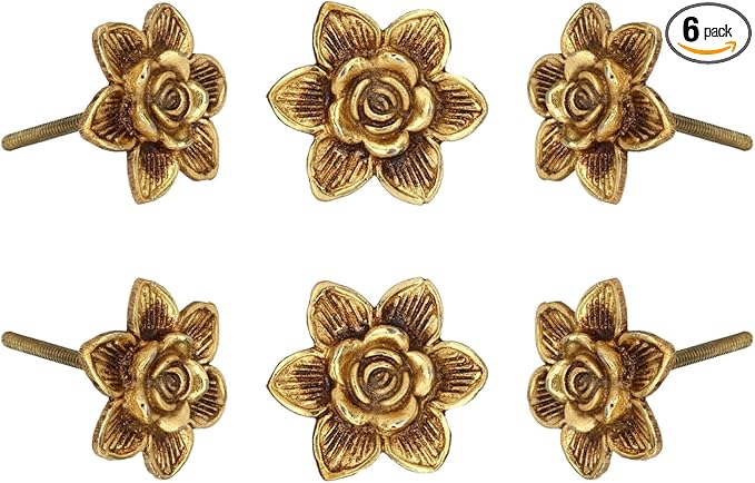 Set Of Six Gold Flower Knobs