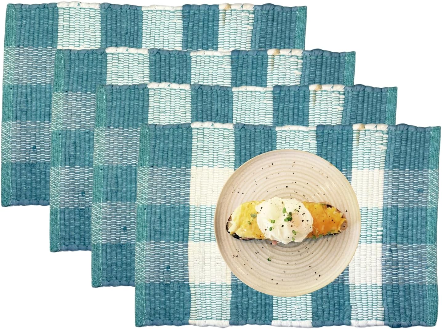 Perilla home Handmade Checked Teal chindi Placemat (Set of 4)