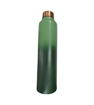 Green color copper water bottle with a cap on a white background
