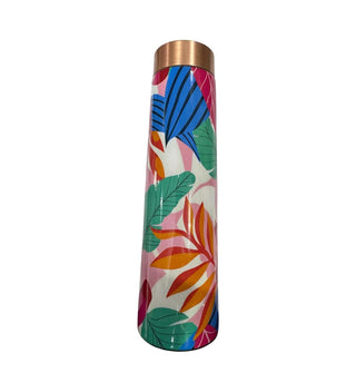 Colorful floral patterned copper water bottle with a copper cap on a white background