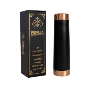 Black copper bottle with packaging displaying 'Perilla Copper Bottles' on a white background