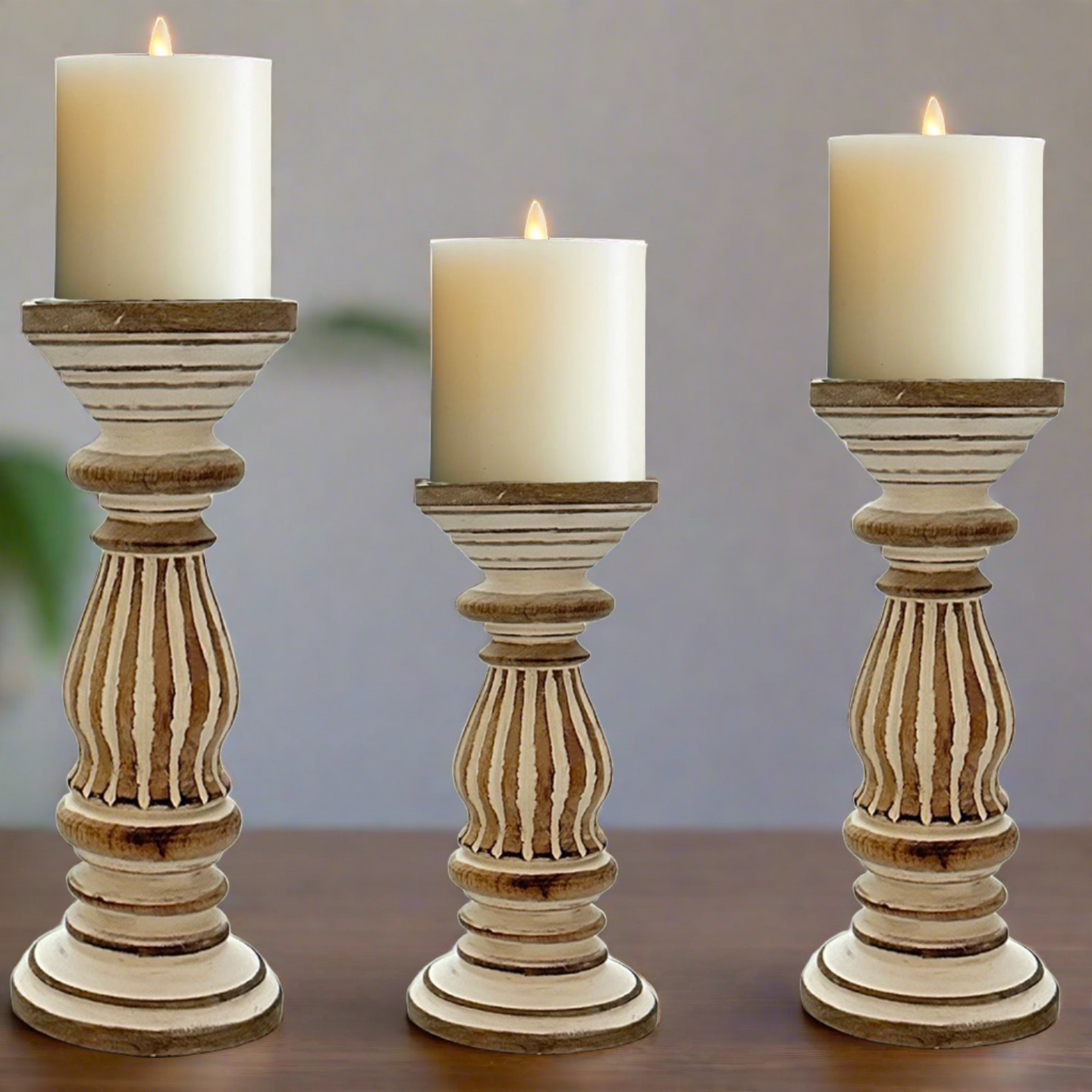 Wooden candle holder Set of Three White Stripe