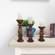Carregar imagem no visualizador da galeria, Wooden candle holder Set of Three Dark Brown

