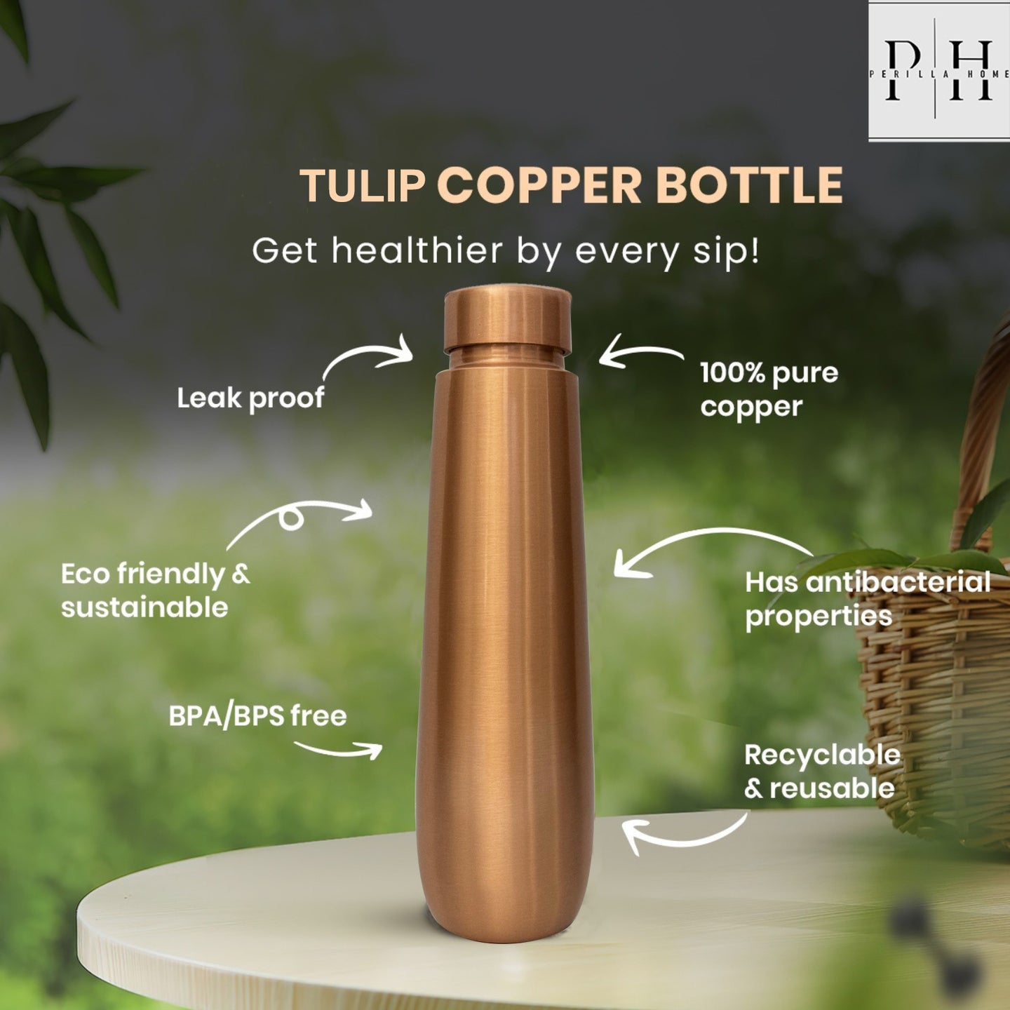 Copper Water Bottle 27 OZ Leak Proof 100% Pure (Tulip)