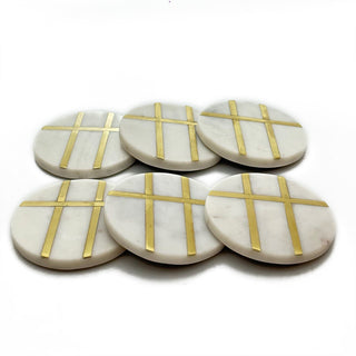 Marble coaster round 3 brass strip (Set of 6)