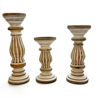 Wooden candle holder Set of Three White Stripe