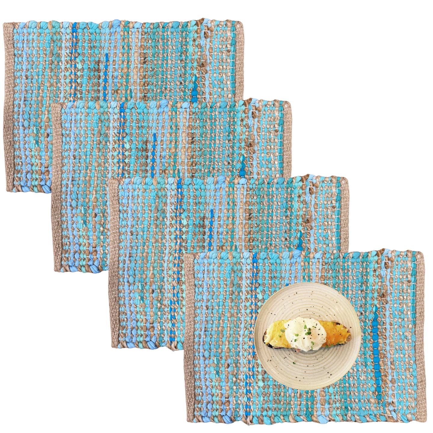 Perilla home Handmade Turquoise chindi Placemat  (Set of 4)