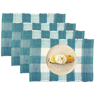 Perilla home Handmade Checked Teal chindi Placemat (Set of 4)