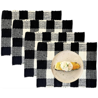 Perilla home Handmade Checked Black & White chindi Placemat (Set of 4)