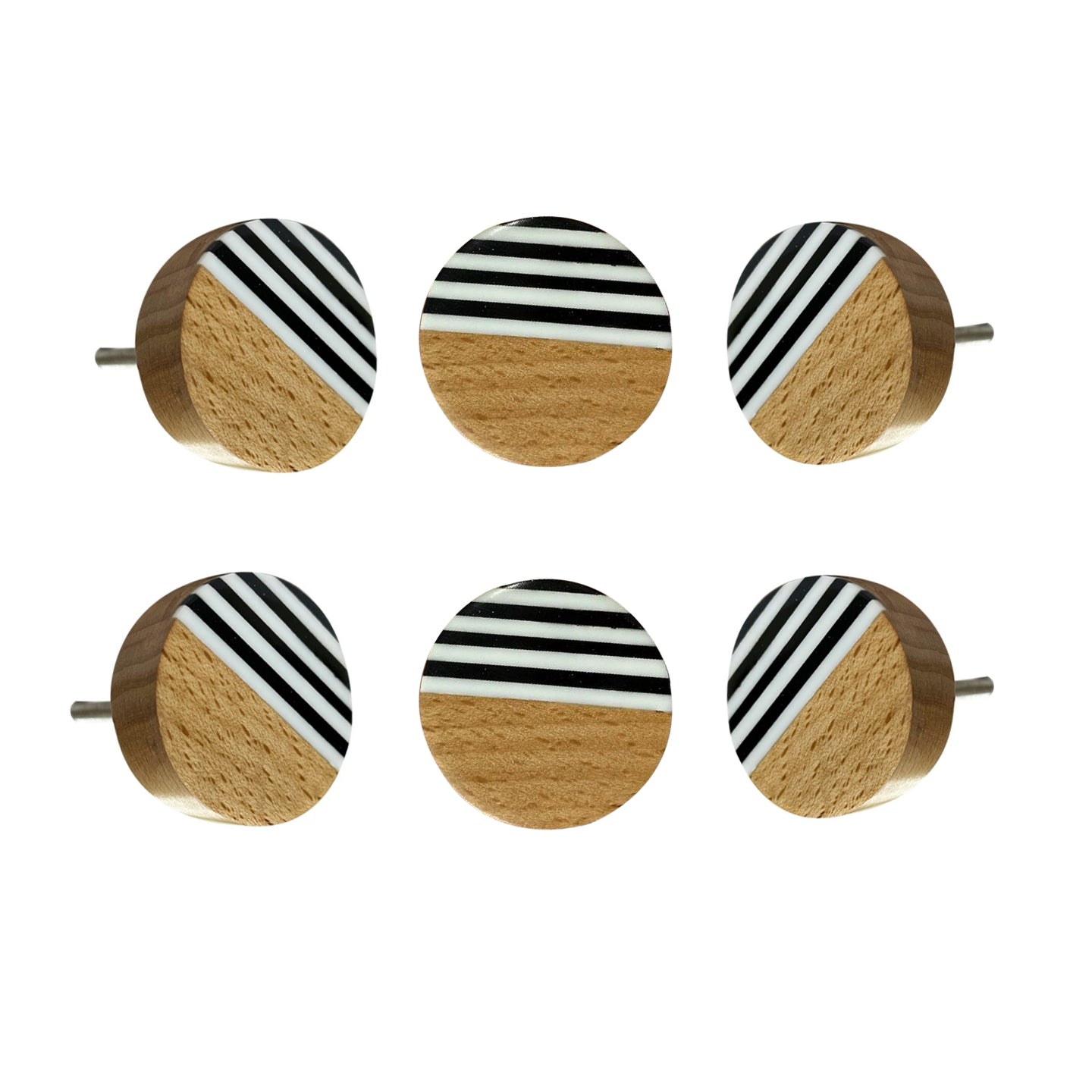 Wooden artistic knobs with black and white strips (set of 6)