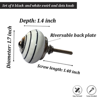 Set of 8 Sihi Black and White Spot Stripe Ceramic knobs