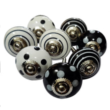 Load image into Gallery viewer, Set of 8 Sihi Black and White Spot Stripe Ceramic knobs
