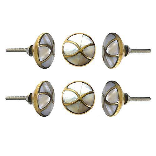 Set Of Six Marble Brass Mother Of Pearl Knobs