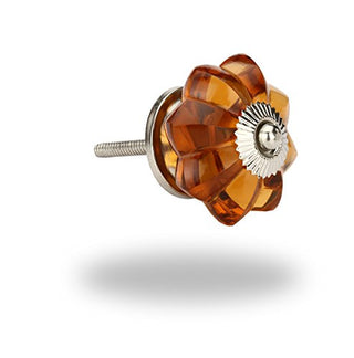 Set Of Six amber Glass Melon Knobs ( chrome)