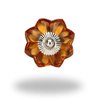 Set Of Six amber Glass Melon Knobs ( chrome)