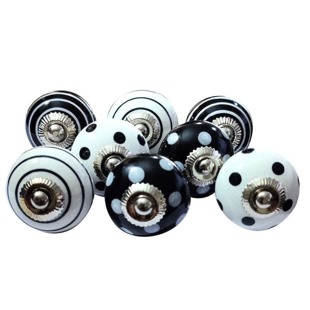 Set of 8 Sihi Black and White Spot Stripe Ceramic knobs