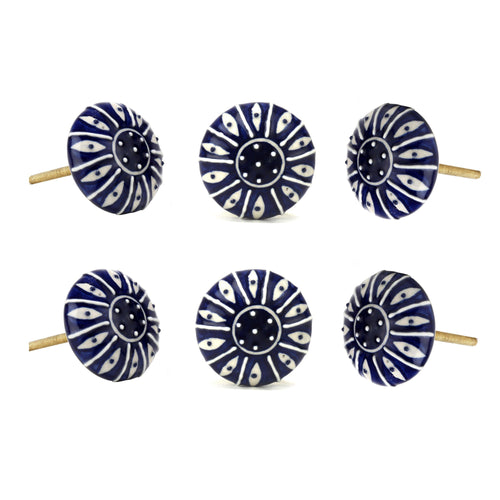 Set Of Six Dark Blue Printed Ceramic Knobs - Perilla Home