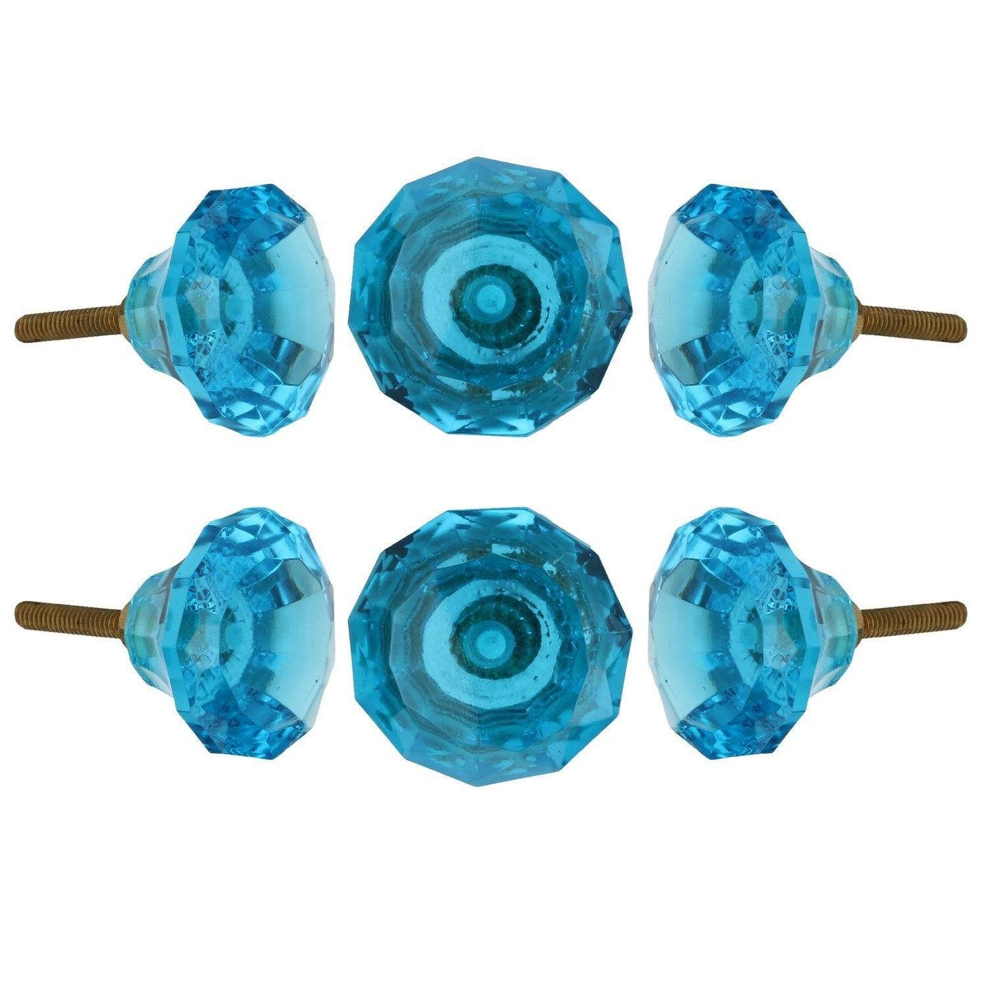 Set Of Six Turquoise Ocean Cut Glass Knobs