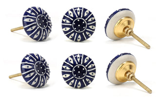 Dark Blue Printed Ceramic Knob Set Of 6 - Perilla Home