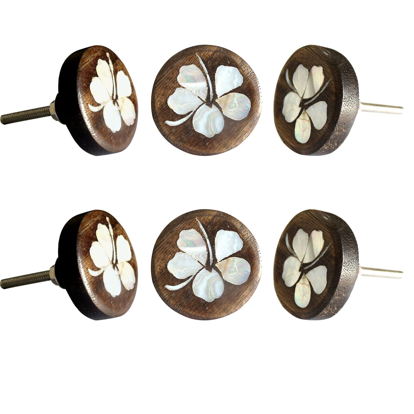 Set Of Six Hibiscus Flower Mother Of Pearl Wooden Knobs