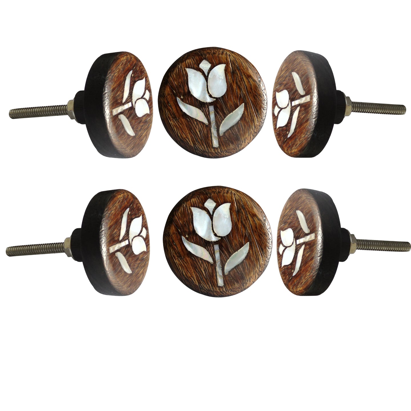Set Of Six Tulip Flower Mother Of Pearl Wooden Knobs