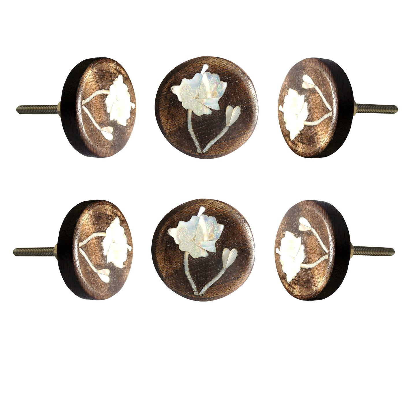 Set Of Six Lily Flower Mother Of Pearl Wooden Knobs