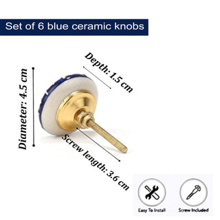 Dark Blue Printed Ceramic Knob Set Of 6 - Perilla Home
