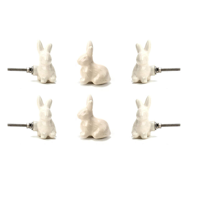 Set Of Six Off White Ceramic Rabbit Knob - Perilla Home