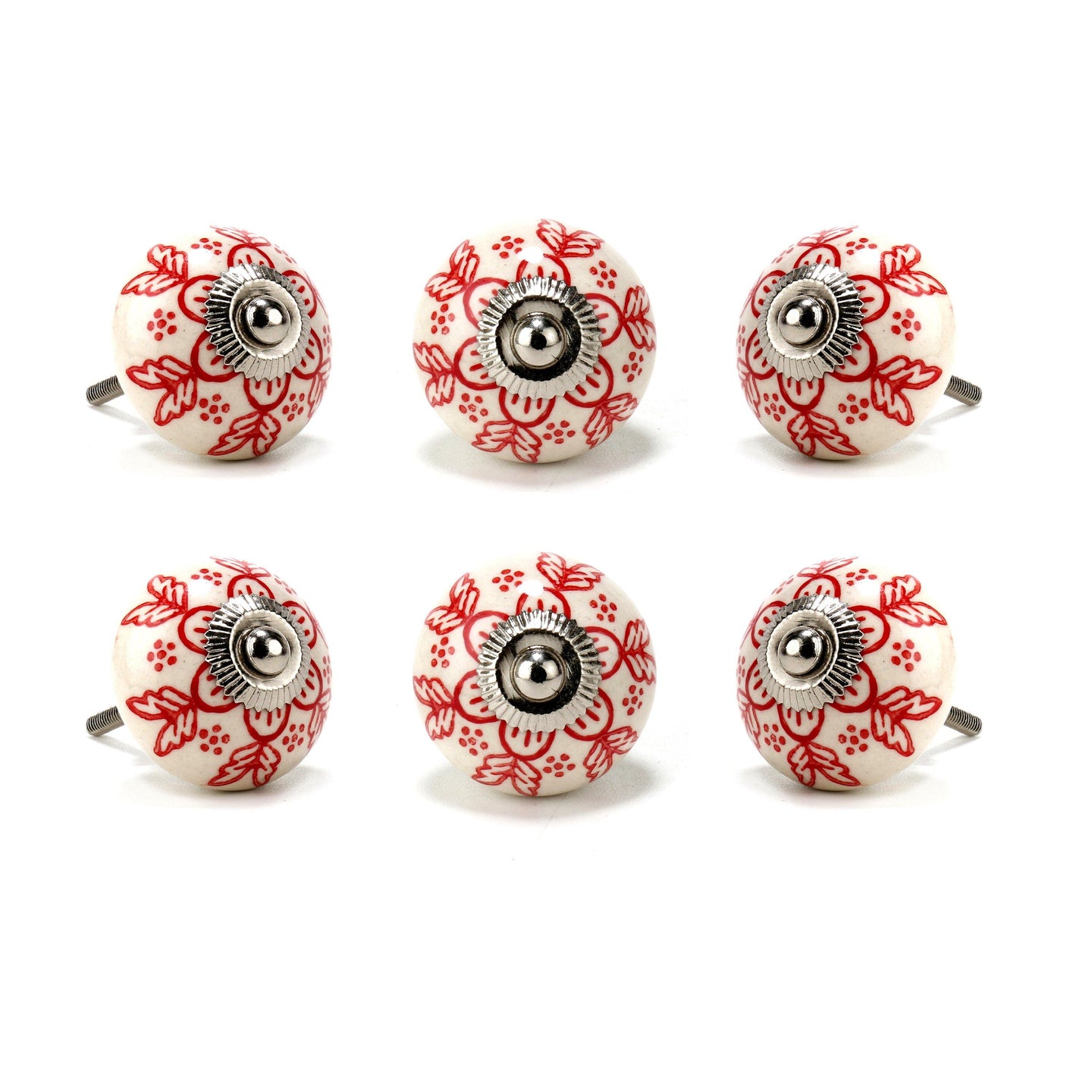 Set Of Six Round Red Printed Ceramic Knobs - Perilla Home