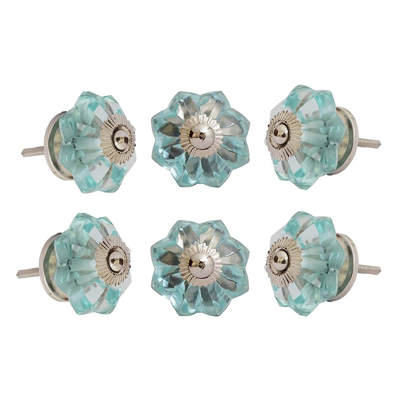 Light Blue Chrome Melon Glass Knobs (Set of 6) Light Blue Chrome Melon Glass Knobs (Set of 6)