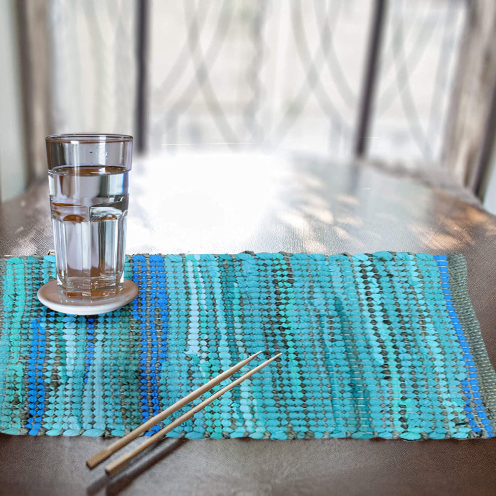Perilla home Handmade Turquoise chindi Placemat  (Set of 4)